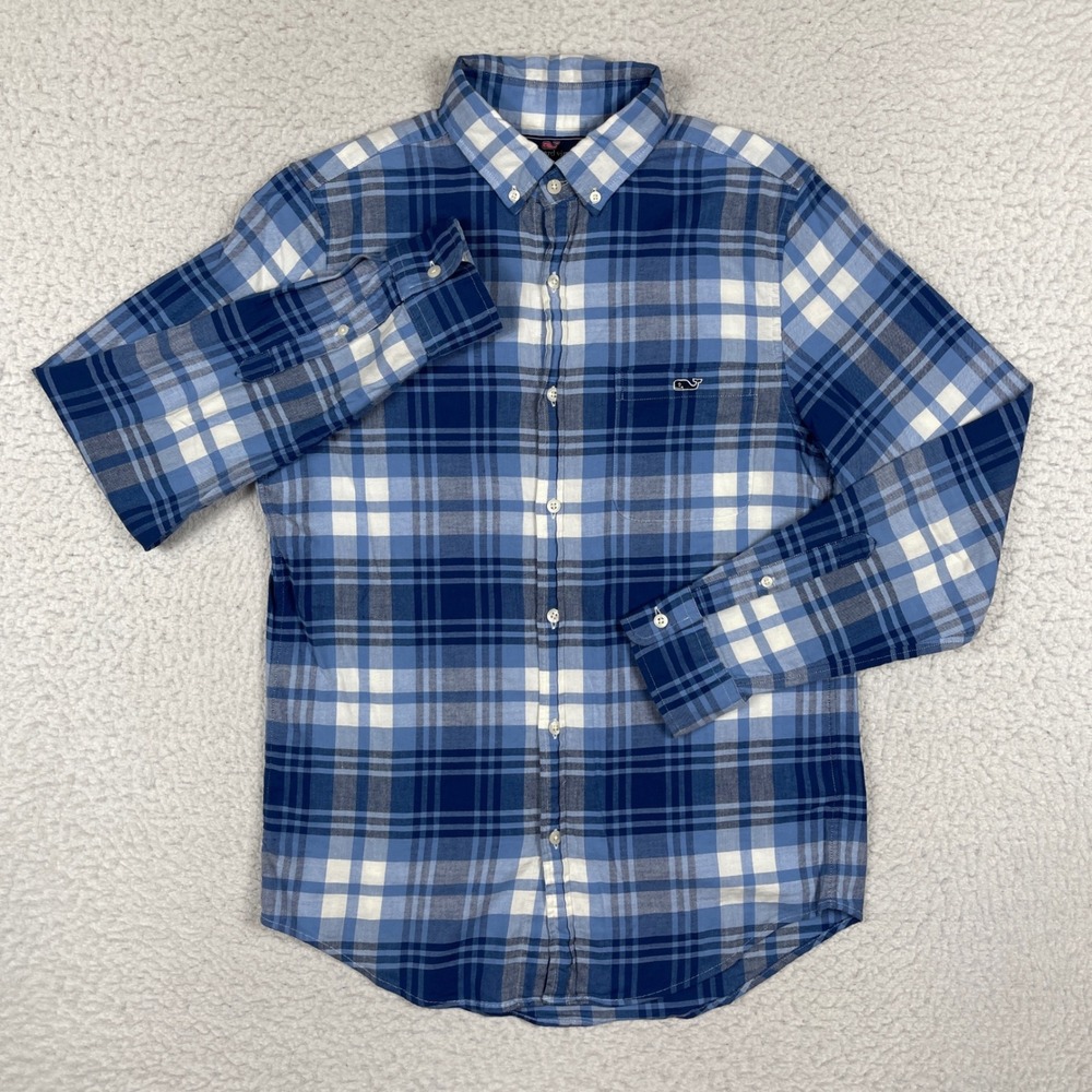 Vineyard Vines Tucker‎ Shirt Mens Small Blue White Plaid Slim Fit Cotton Linen